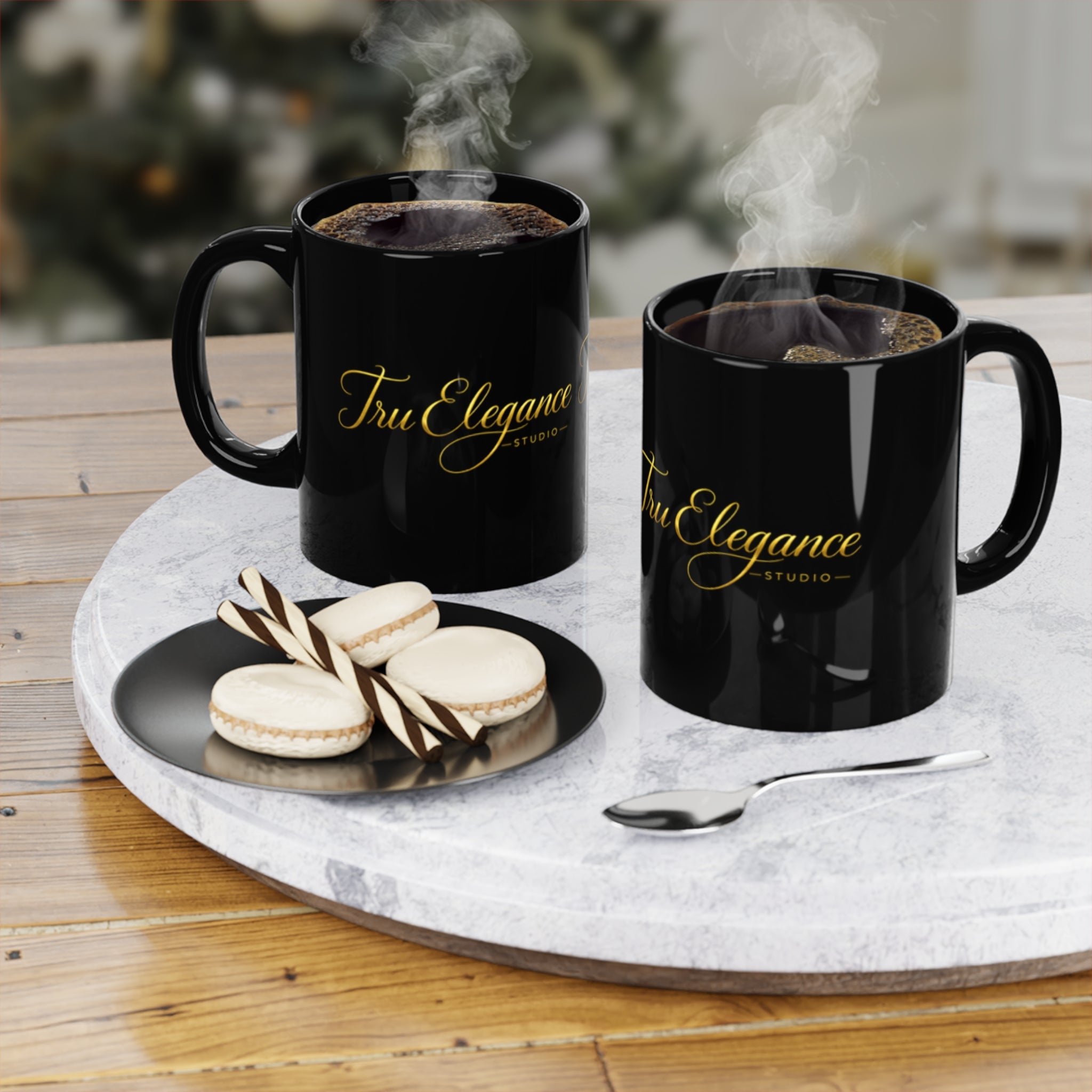 Elegant Gold Script Logo Black Coffee Mug — TruElegance 11oz